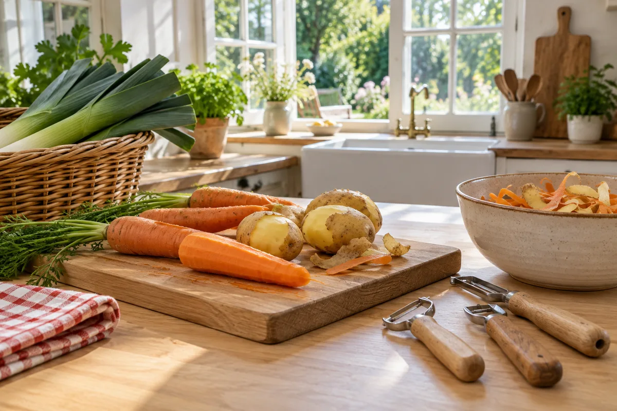 Légumes à moitié épluchés sur une planche en bois, dans la cuisine lumineuse d’un accueil de jour