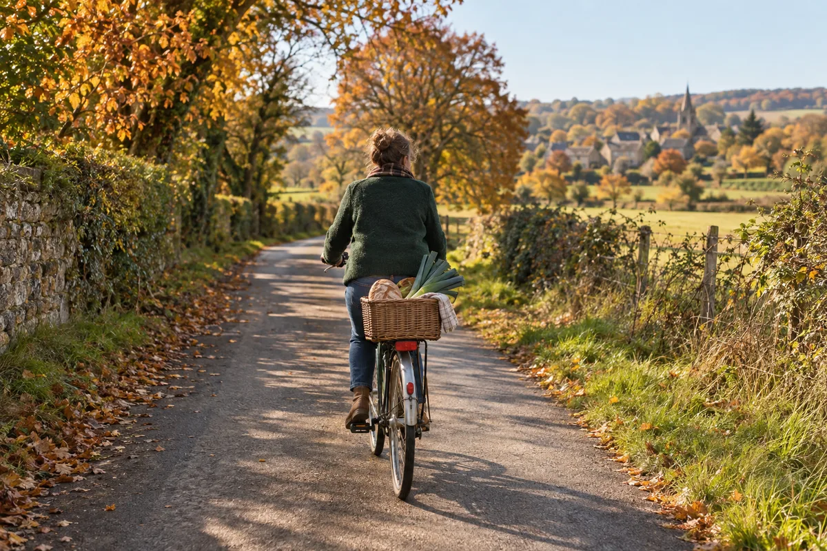 Femme vue de dos roulant à vélo sur une petite route de campagne en automne