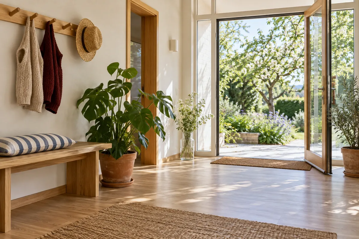 Hall d’entrée d’un accueil de jour avec portemanteau en bois, gilets en laine et porte ouverte sur un jardin