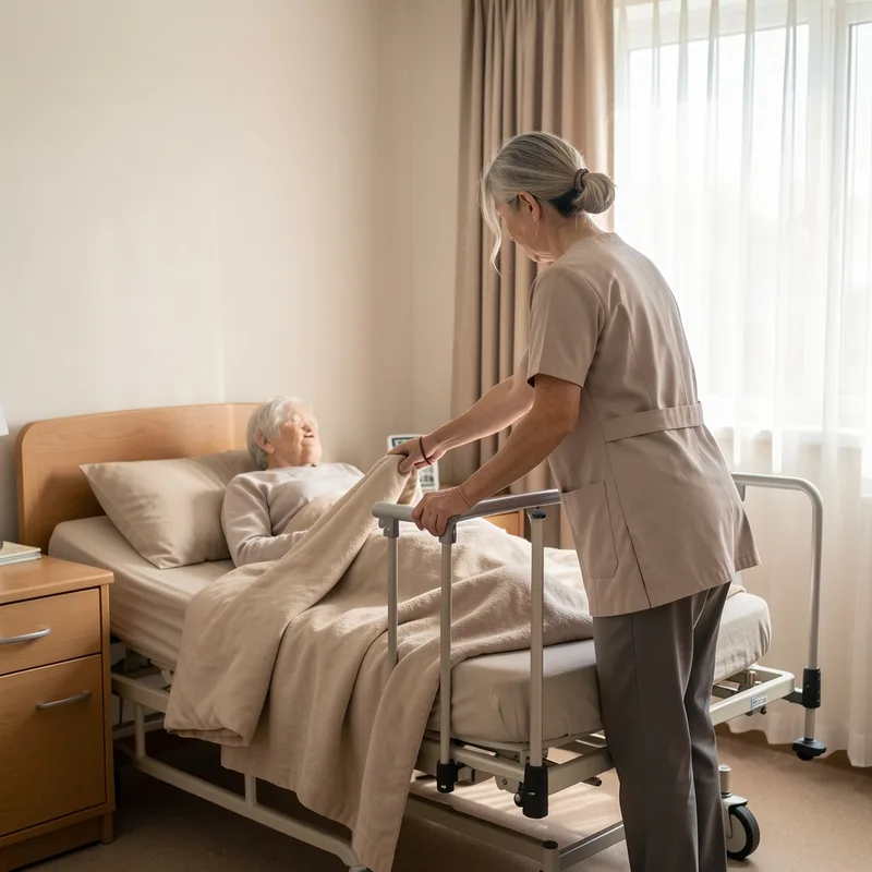 Soignante aidant une résidente âgée à se lever dans une chambre d&rsquo;EHPAD