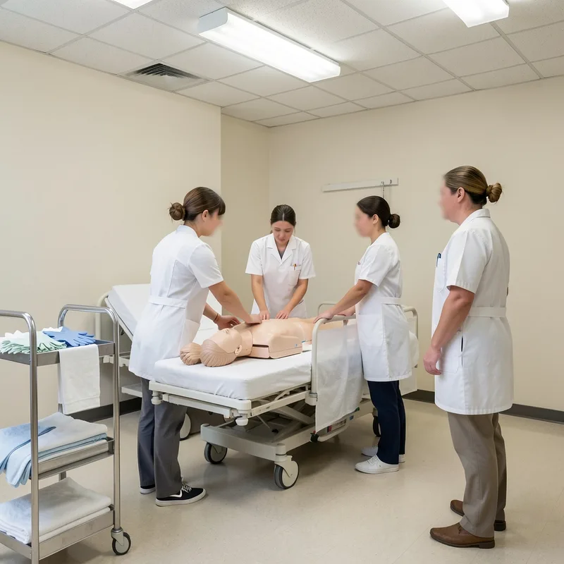 Groupe d&rsquo;élèves en blouse s&rsquo;exerçant aux gestes de soins sur un lit médicalisé
