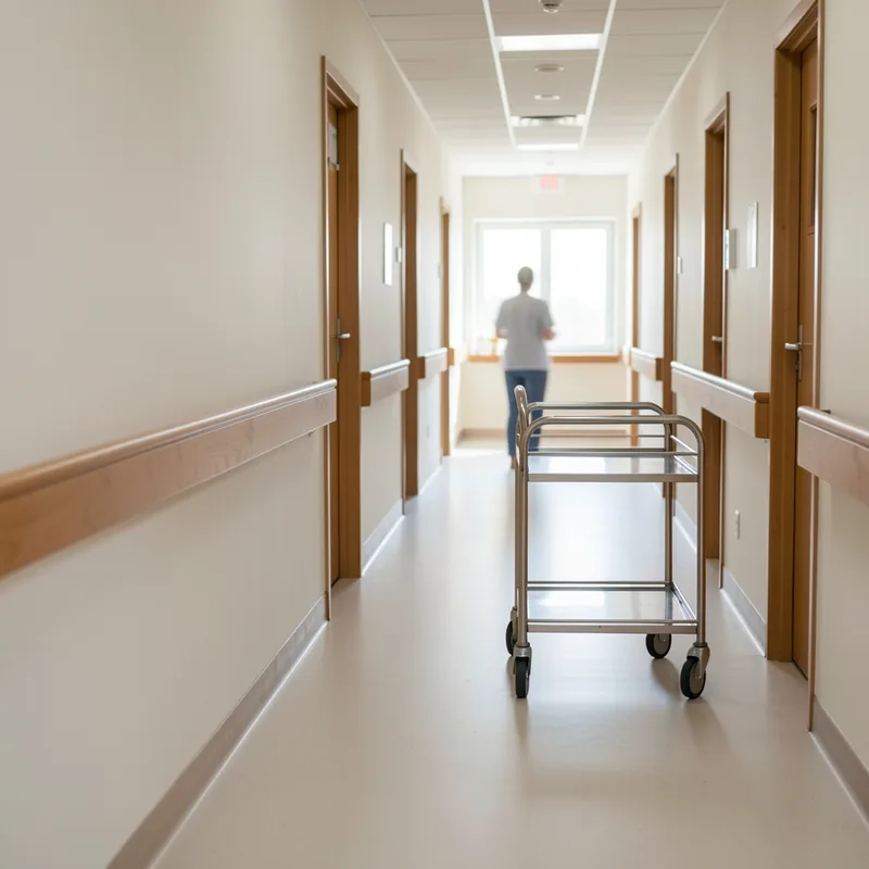 Couloir lumineux d&rsquo;un établissement médicalisé avec chariot de soins et main courante