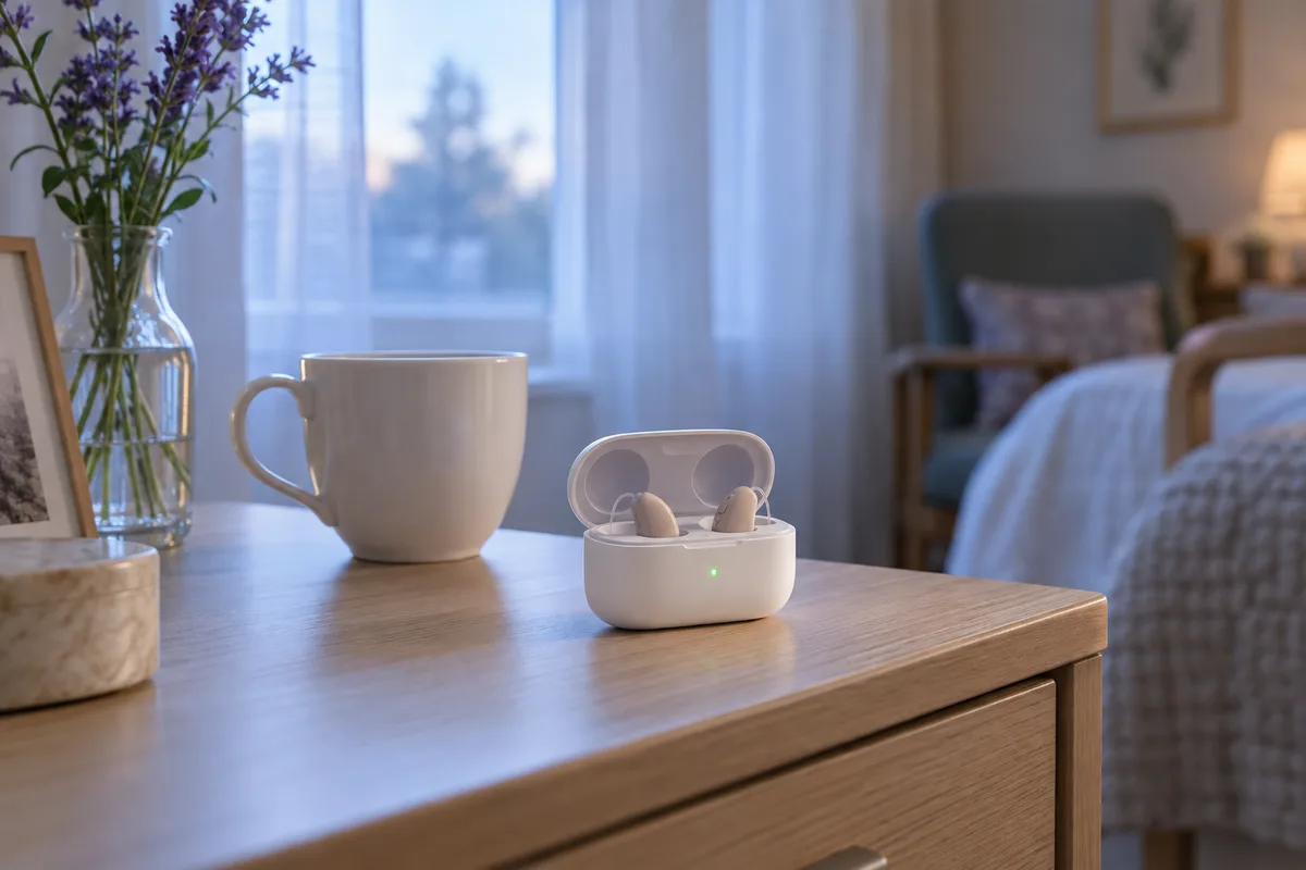 Deux minuscules appareils auditifs beiges dans leur socle de charge blanc, sur une commode près d’une fenêtre au petit matin