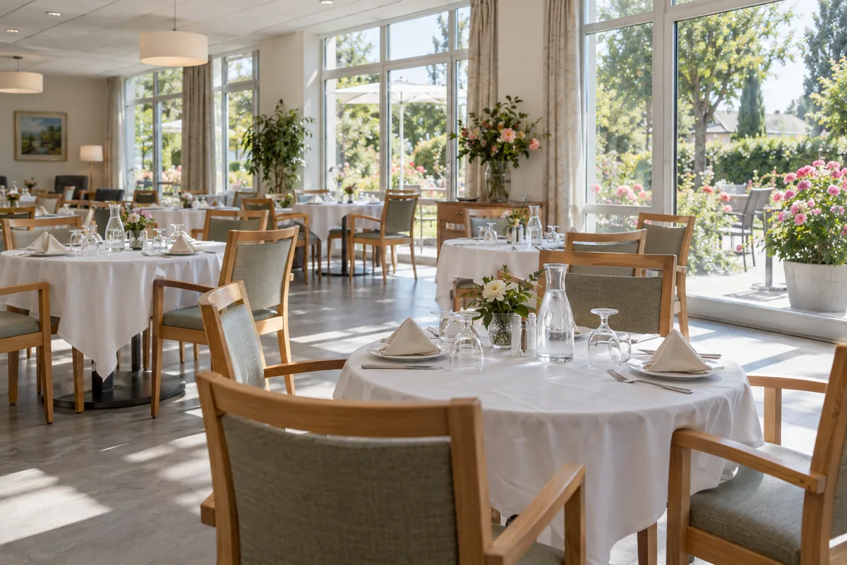 Salle à manger d’une maison de retraite avant le déjeuner, tables rondes dressées et chaises vides près des fenêtres