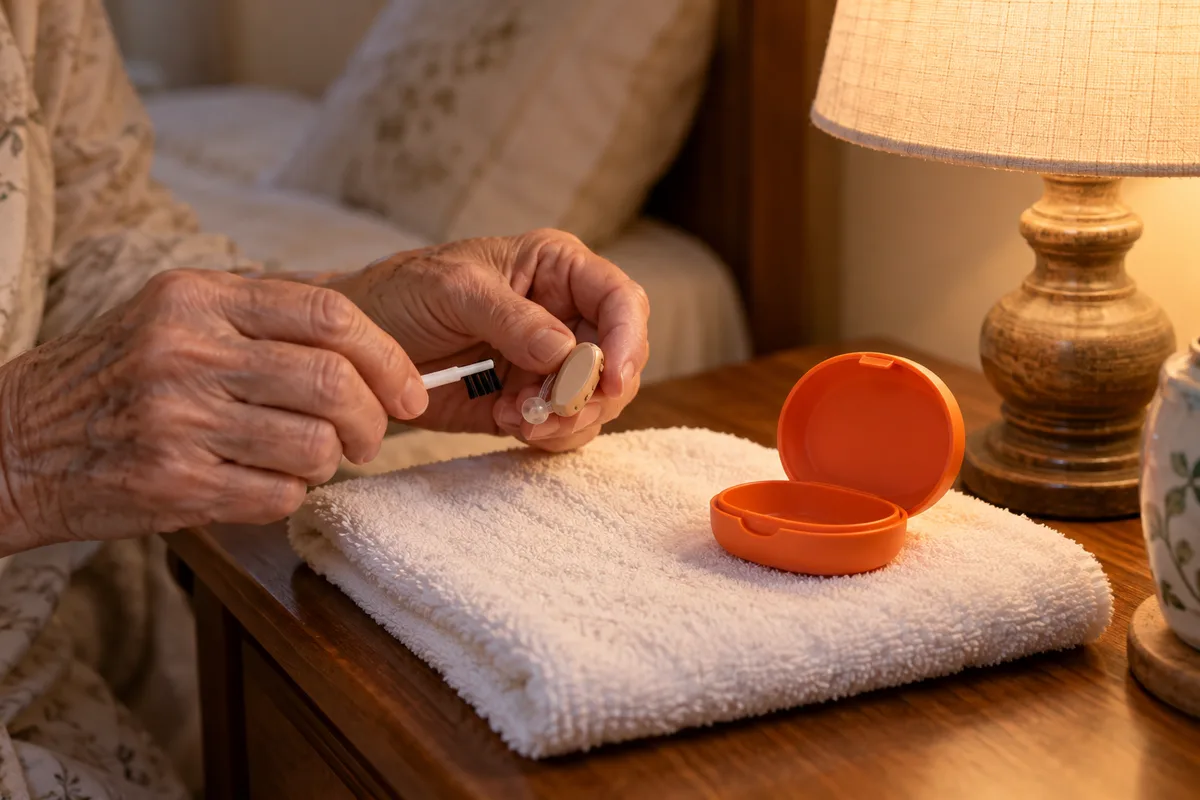 Mains âgées brossant un minuscule appareil auditif beige au-dessus d’une serviette blanche, à la lumière d’une lampe de chevet