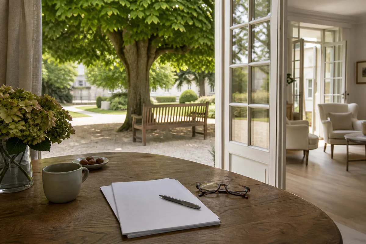 Bureau avec formulaire administratif, stylo et lunettes posés sur une table en bois