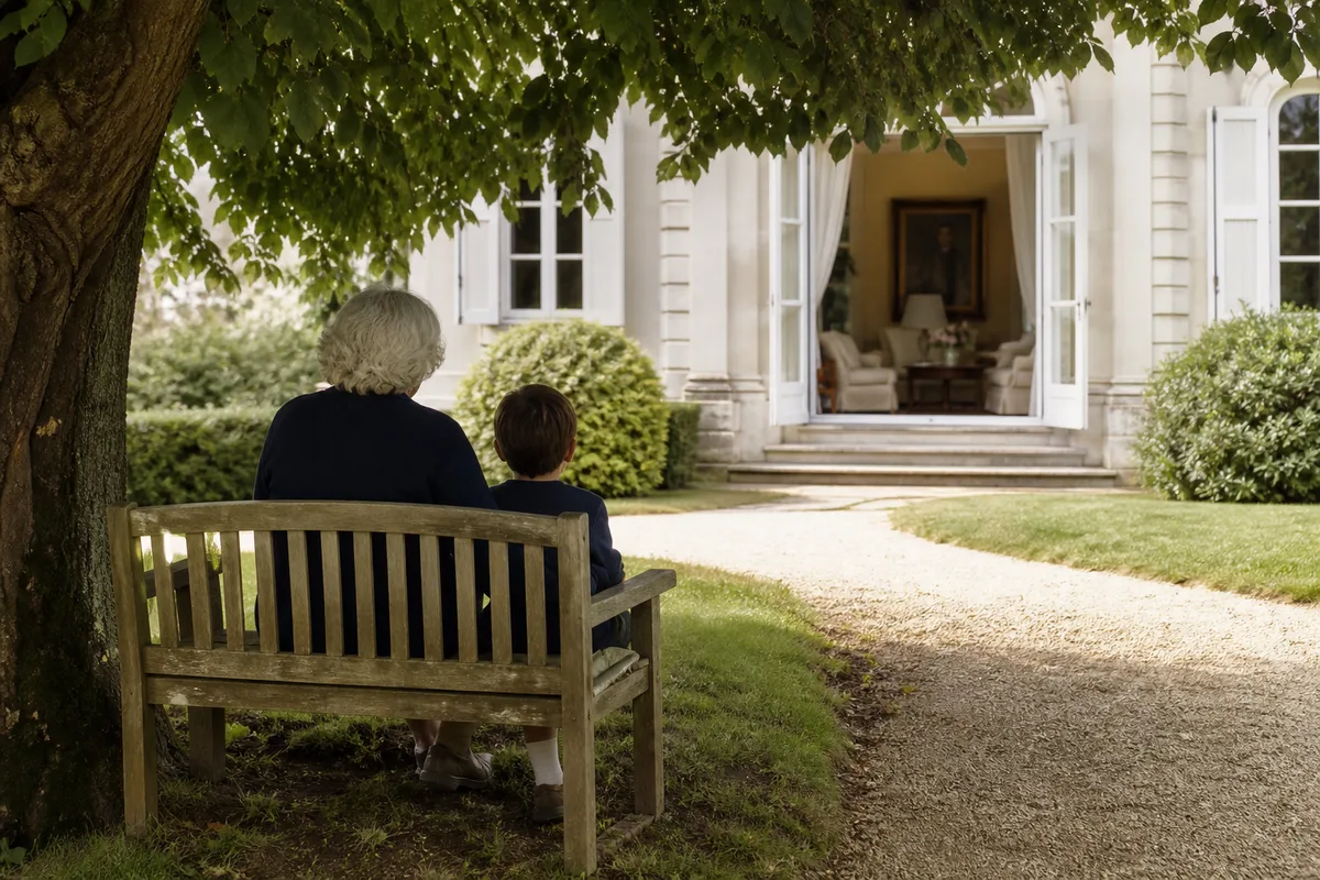 Visite familiale dans un jardin, deux générations assises sur un banc