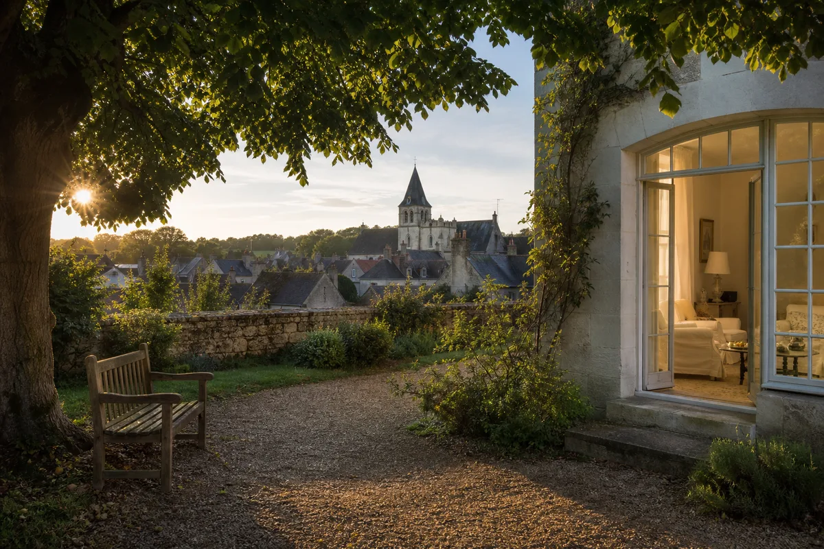 Village rural du sud du Loir-et-Cher au petit matin, clocher et maisons de tuffeau
