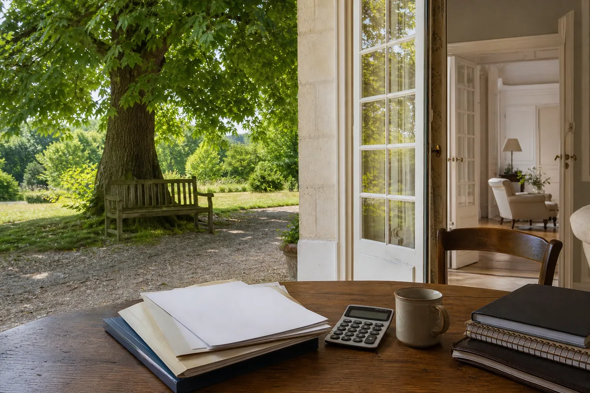Table de cuisine avec dossier administratif, calculatrice et tasse de café