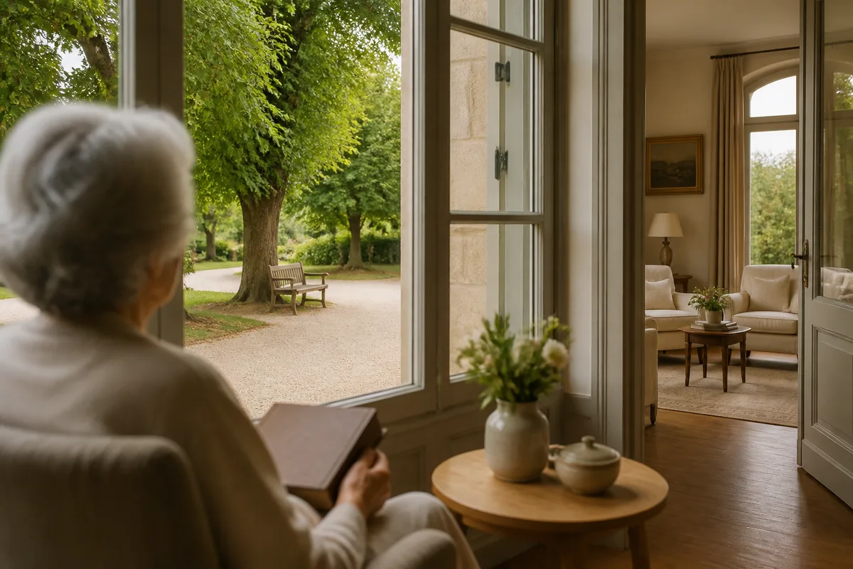 Personne âgée assise près d’une fenêtre, lumière douce, livre posé sur les genoux