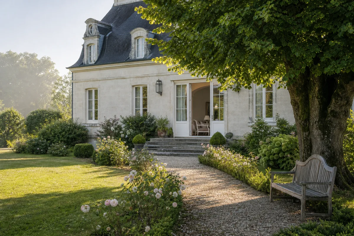 Parc arboré d’une résidence pour personnes âgées avec un banc de bois à l’ombre de grands arbres