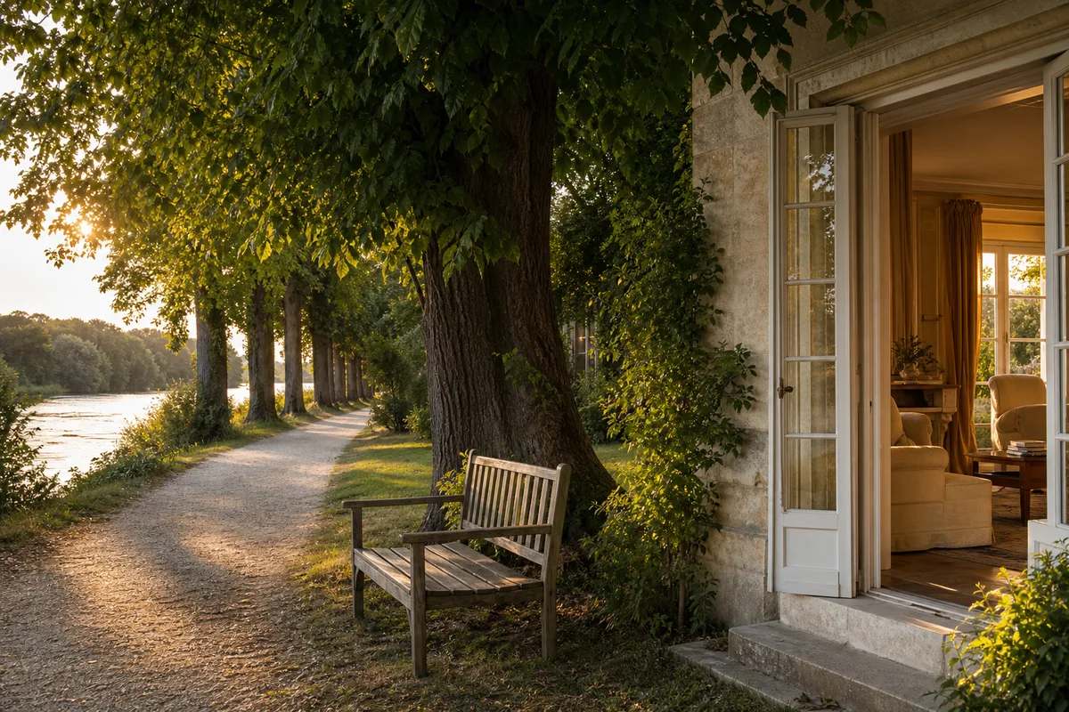 Bord du Loir en fin de journée, rangée d’arbres et chemin de halage