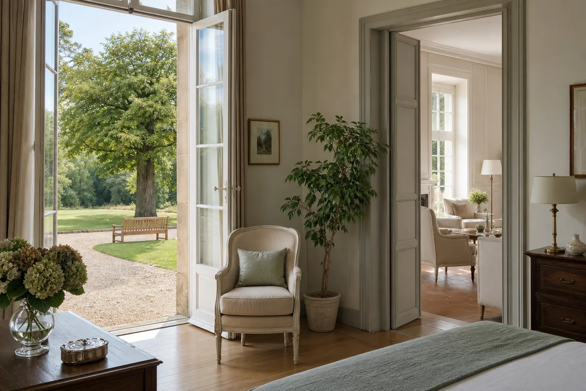 Chambre d’établissement claire, fauteuil près de la fenêtre et plante verte
