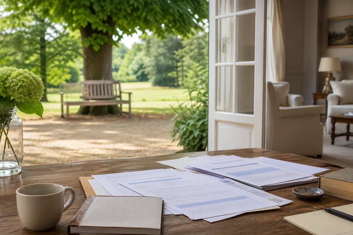 Documents administratifs et courrier posés sur une table, ambiance calme