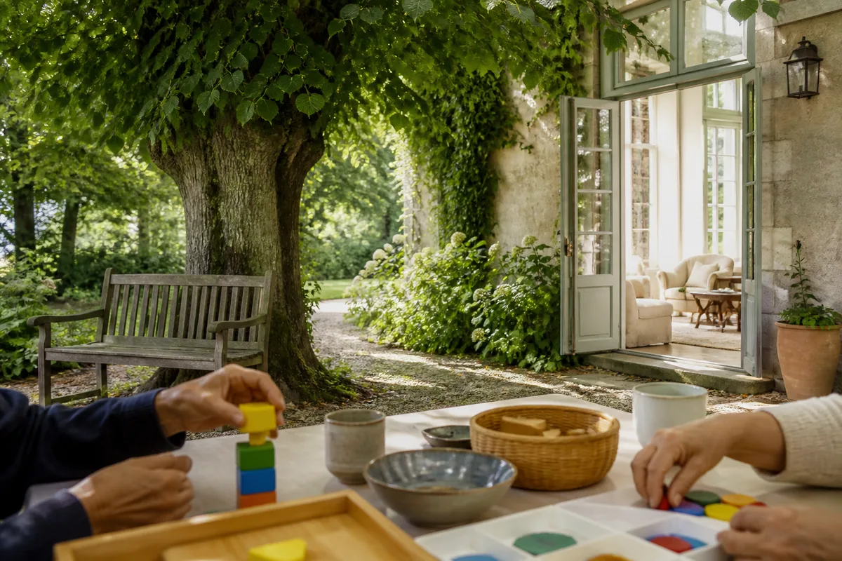 Atelier occupationnel autour d&rsquo;une table, mains manipulant des objets colorés